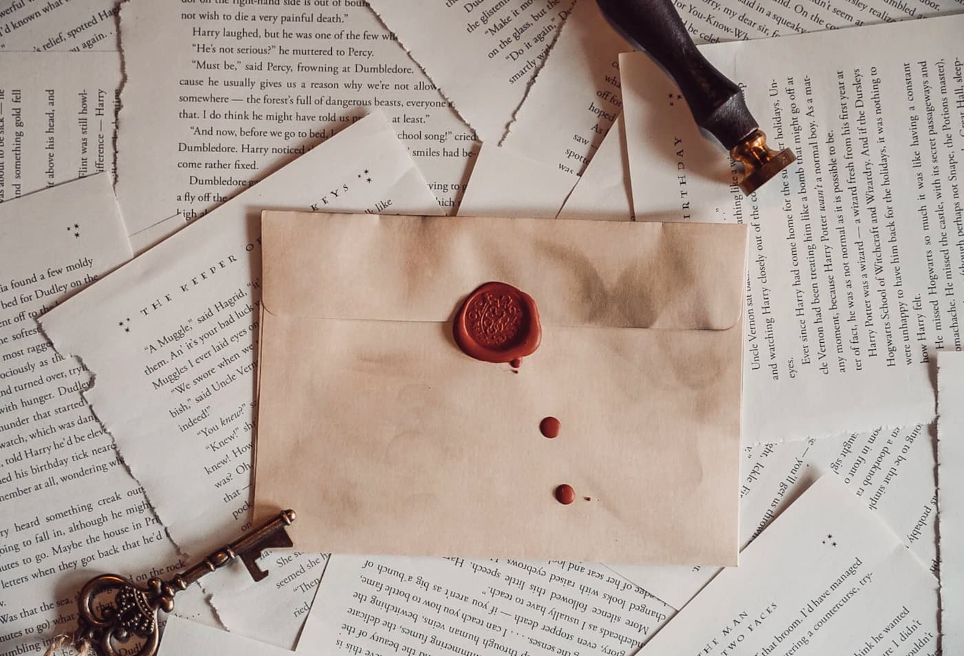 Un sobre sellado con cera y una llave de bronce sobre páginas de libro dispersas.