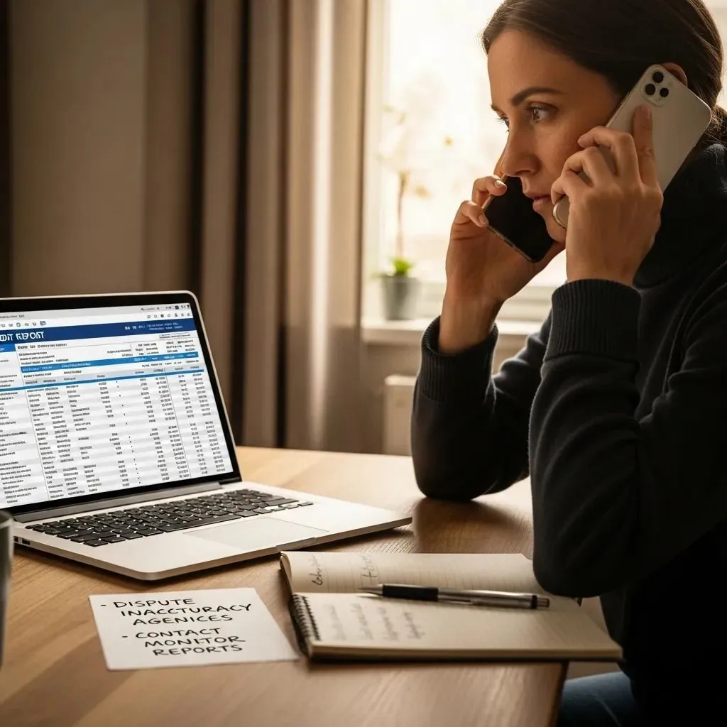 Persona al teléfono revisando un informe crediticio con notas.