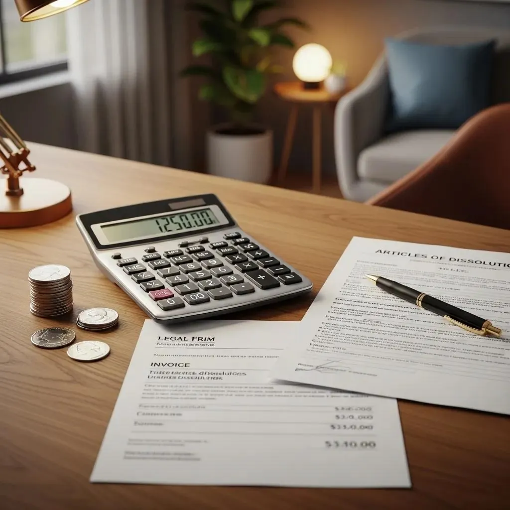 Calculadora y documentos financieros que reflejan los costes de disolución de una sociedad de responsabilidad limitada (LLC)