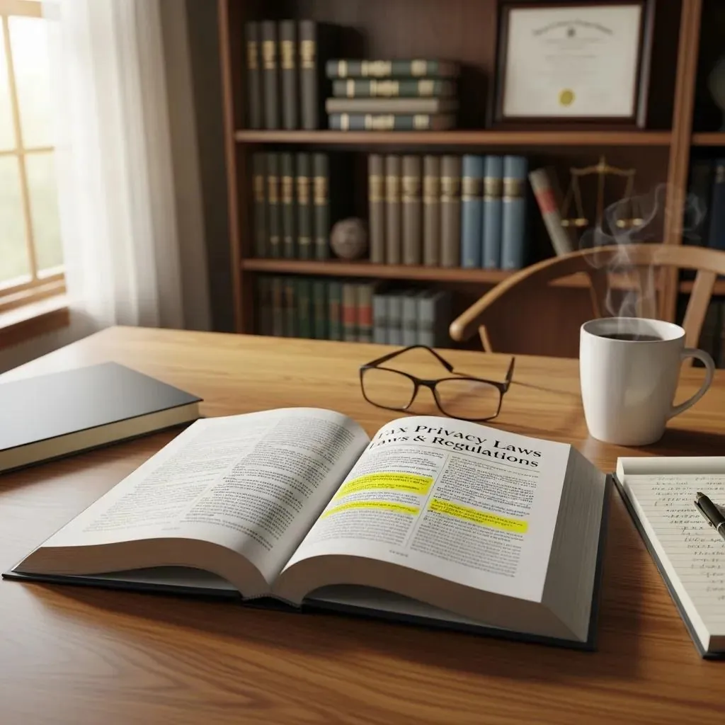 Libro de derecho sobre la legislación en materia de confidencialidad fiscal, en el acogedor entorno de una oficina en casa