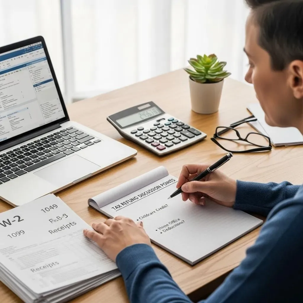Persona revisando formularios de impuestos federales y calculadora.