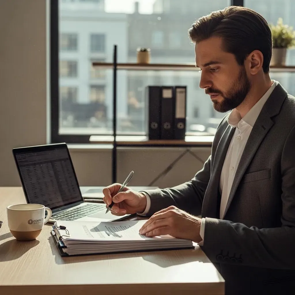 Un empresario revisa los documentos de disolución de una sociedad de responsabilidad limitada en una oficina moderna