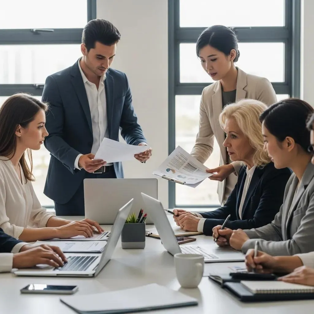 Empresarios diversos colaborando en el cumplimiento normativo de las sociedades de responsabilidad limitada estadounidenses en una oficina moderna.
