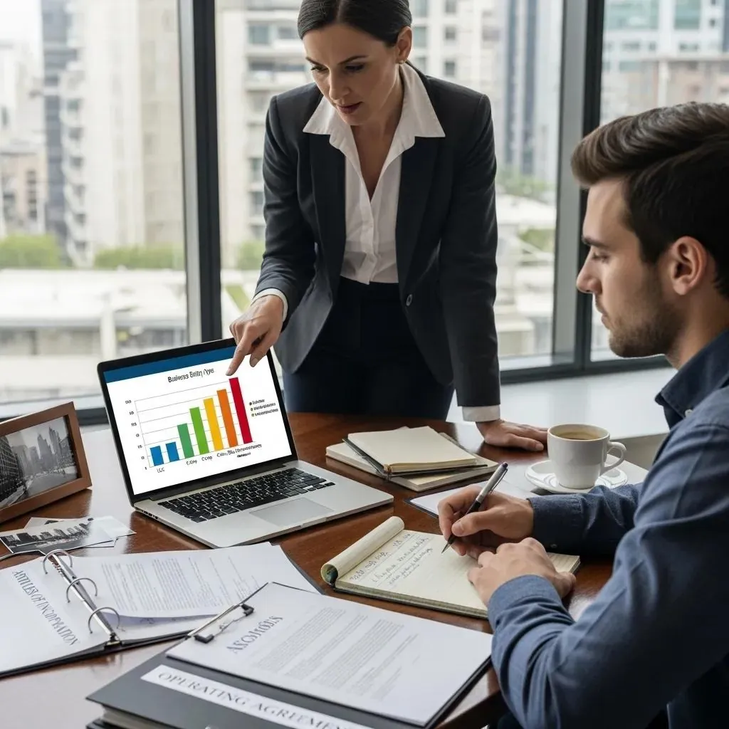 Consultor asesorando a un empresario sobre la selección de la entidad con documentos y ordenador portátil, centrándose en las implicaciones fiscales.