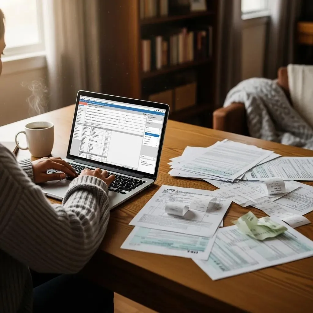 Un acogedor espacio de trabajo con documentos fiscales y un ordenador portátil, que pone de relieve la privacidad financiera