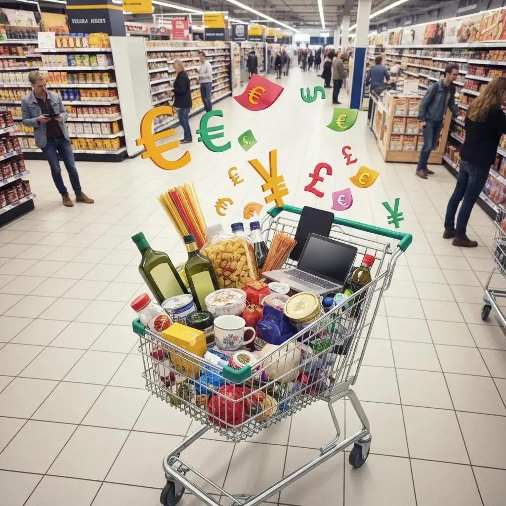 Cesta de la compra con productos globales e iconos de divisas que muestran el pago en varias divisas