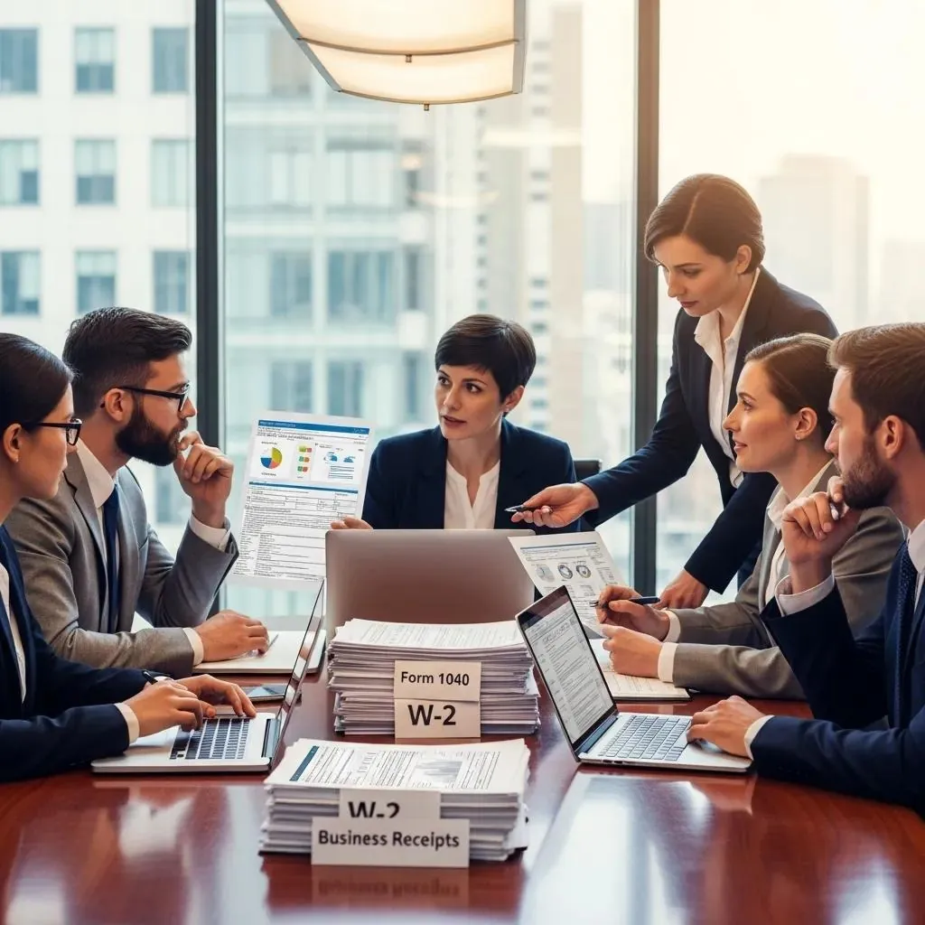 Un equipo empresarial debatiendo sobre el cumplimiento de las obligaciones fiscales con ordenadores portátiles y documentos