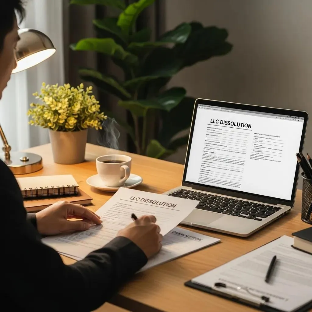 Un empresario revisa la documentación para la disolución de una sociedad de responsabilidad limitada (LLC) en un acogedor escritorio, con un ordenador portátil y un café