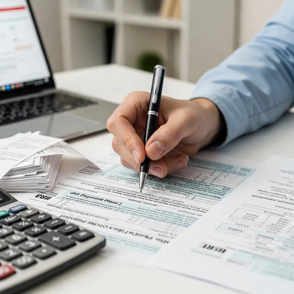 Primer plano de una mano rellenando un formulario fiscal con documentos financieros