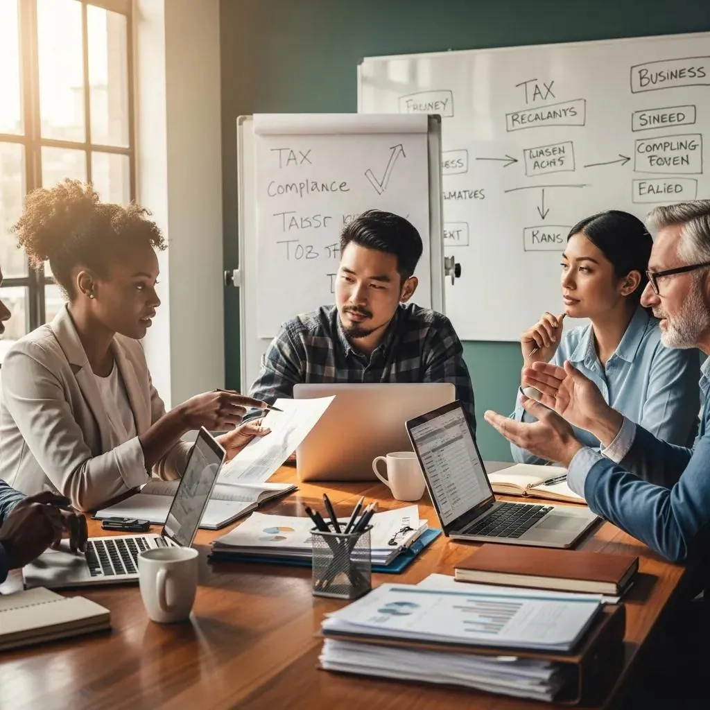Emprendedores colaborando en una oficina moderna, centrados en el cumplimiento tributario y la estrategia empresarial.