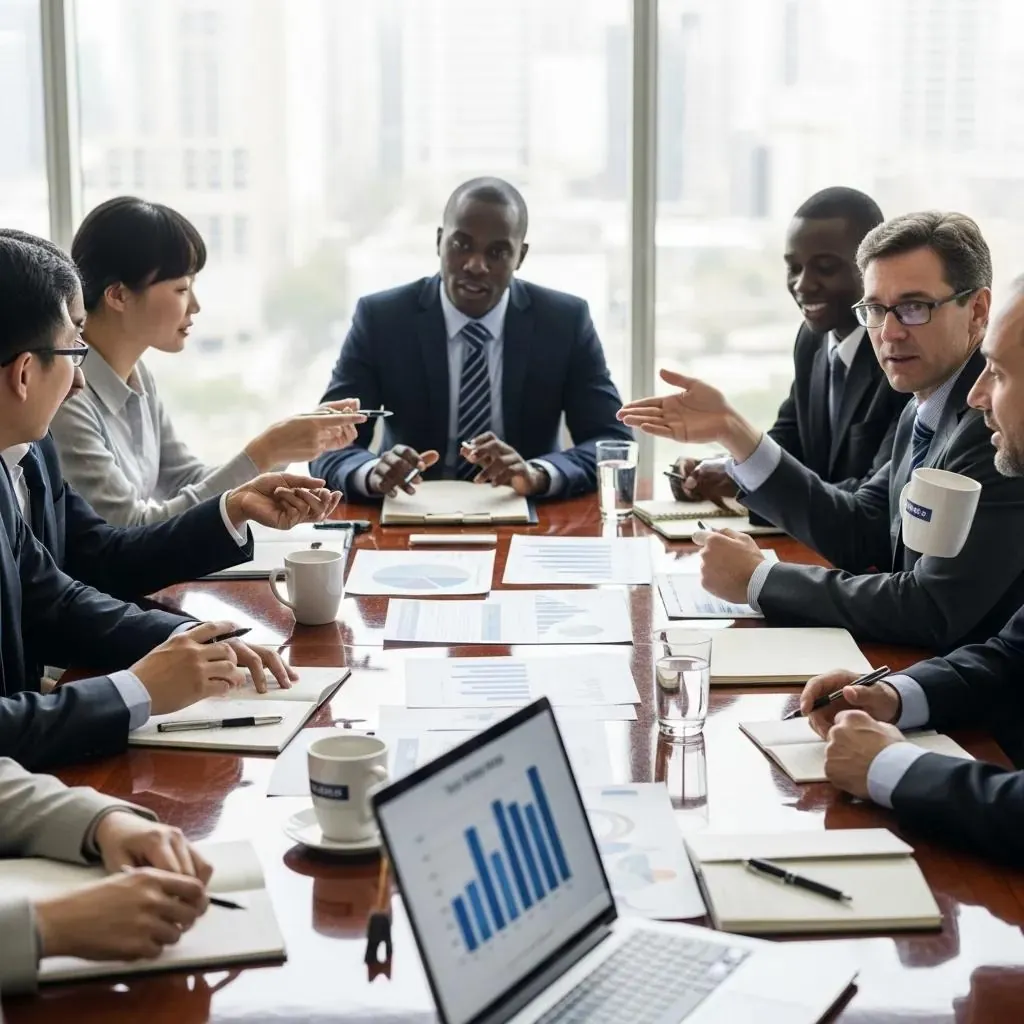 Empresarios colaborando en una estrategia fiscal internacional en una reunión moderna.