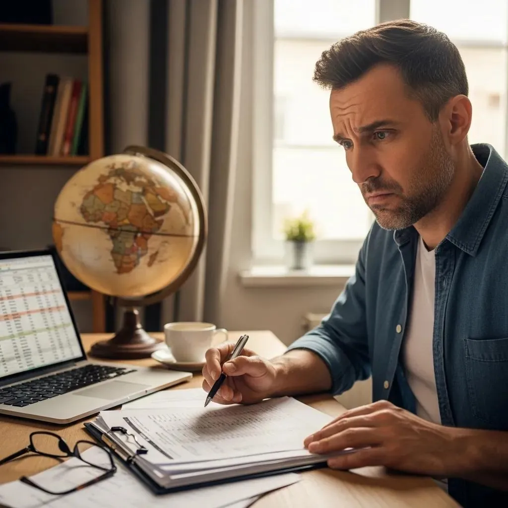 Empresario internacional revisando documentos fiscales para evaluar el nexo con California y las declaraciones.