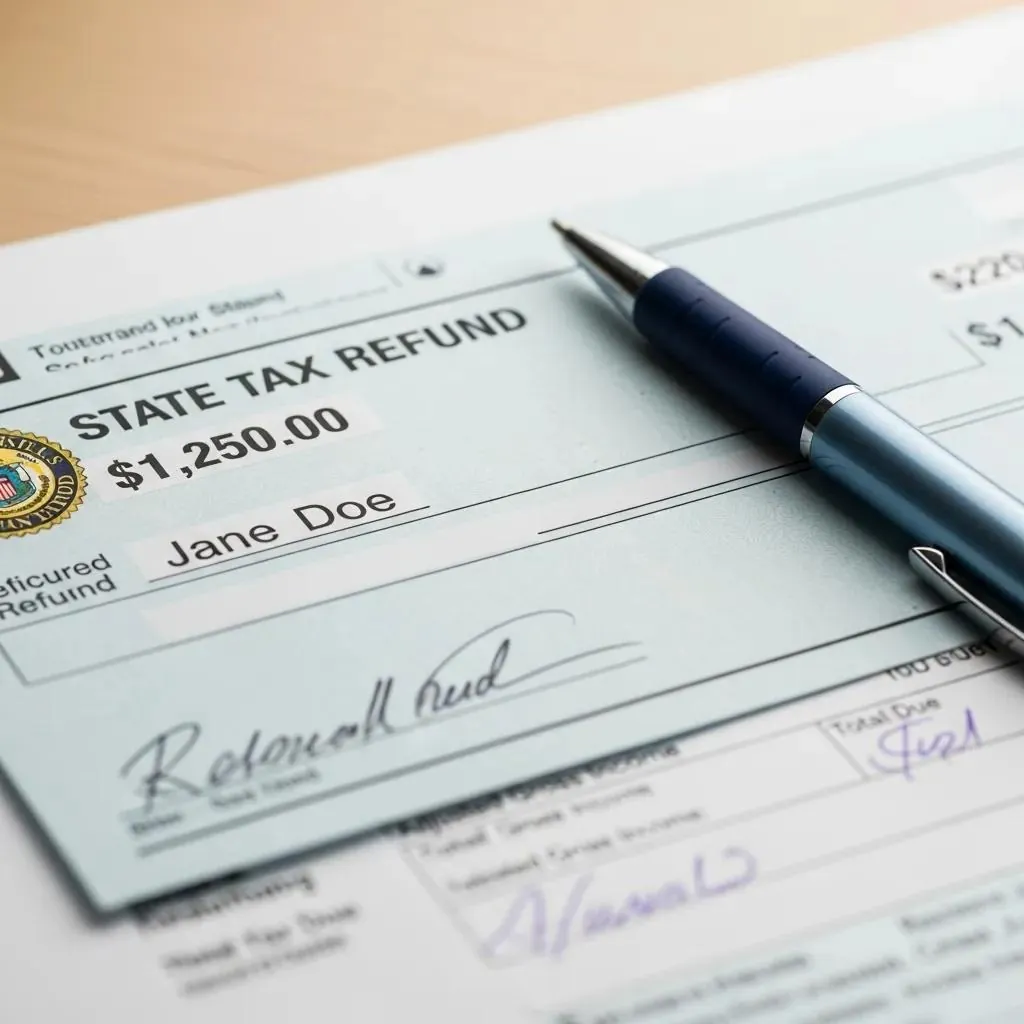 Cheque de devolución de impuestos estatales encima de un formulario de declaración de impuestos.